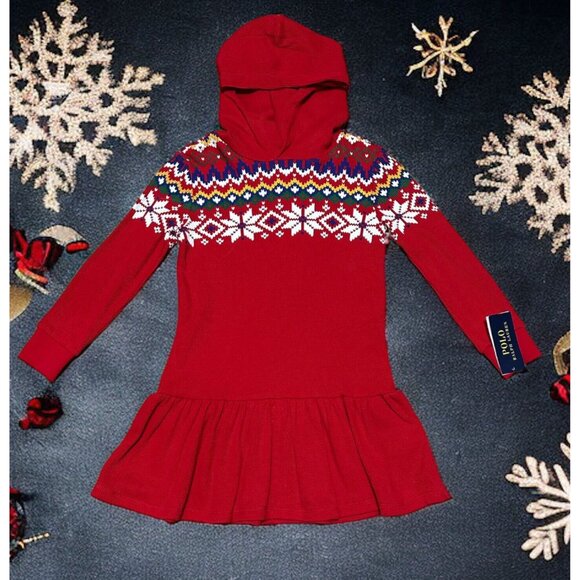 NEW-6X Girls Polo-Ralph Lauren Fair Isle Waffle-Knit Hooded Red Christmas Dress - Picture 2 of 9
